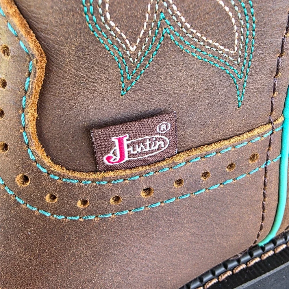 Justin Mandra Chocolate Water Buffalo Wide Square Toe Boots Size 6.5 B GY9624 - Picture 4 of 16
